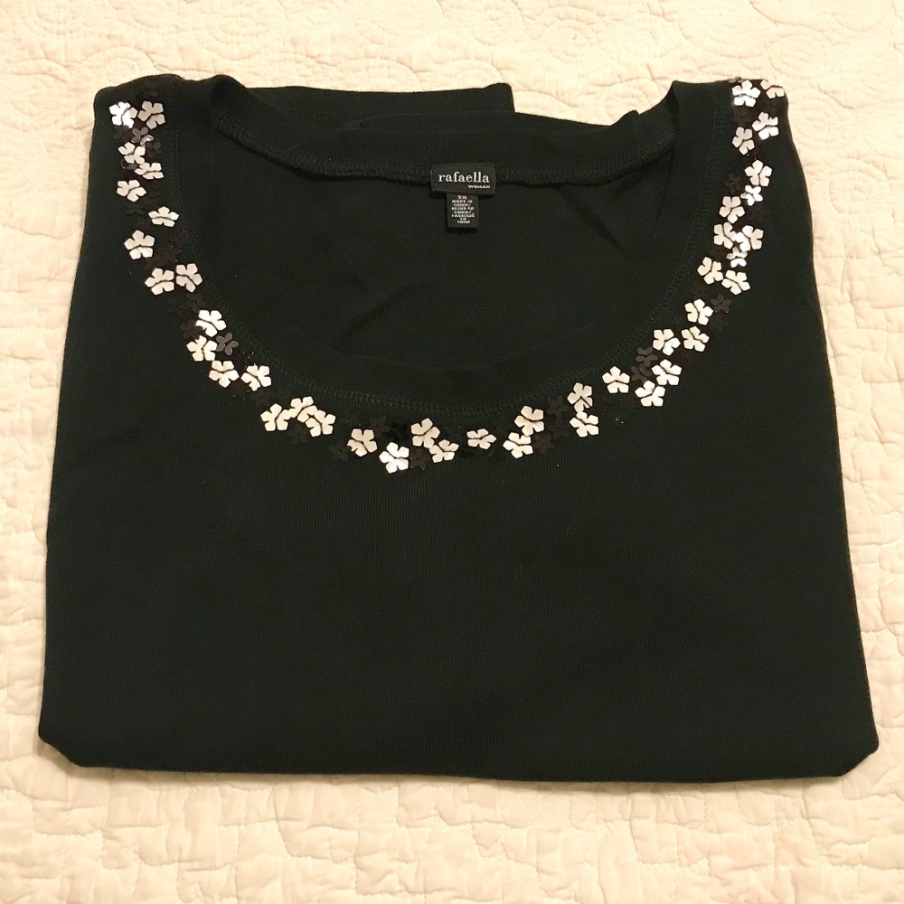 Rafaela black sweater tank with black & white flower detail at neckline (3X)